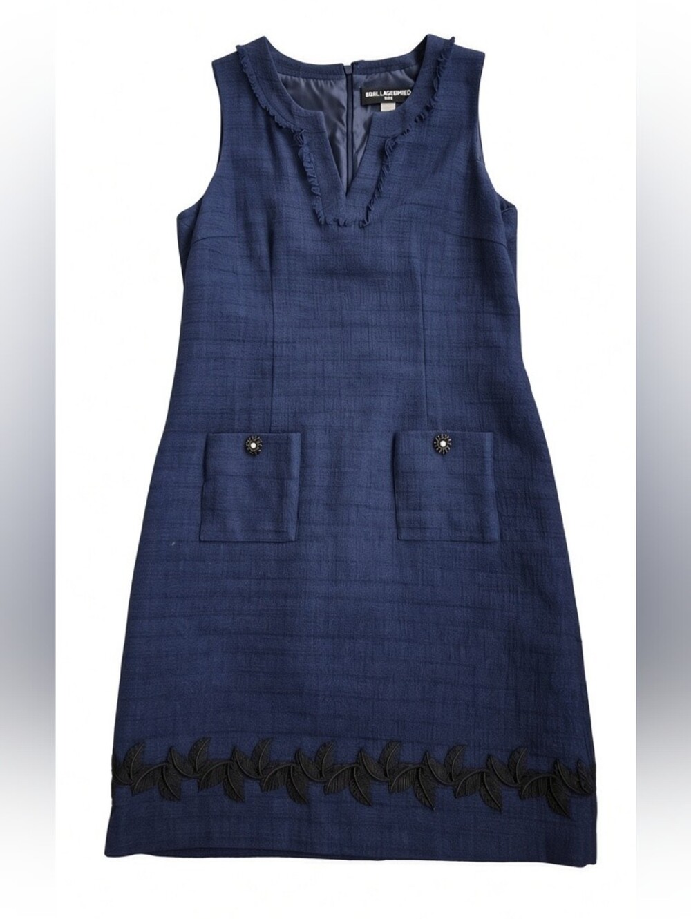 Karl Lagerfeld Navy Textured Sleeveless Shift Dress with Embroidered Hem